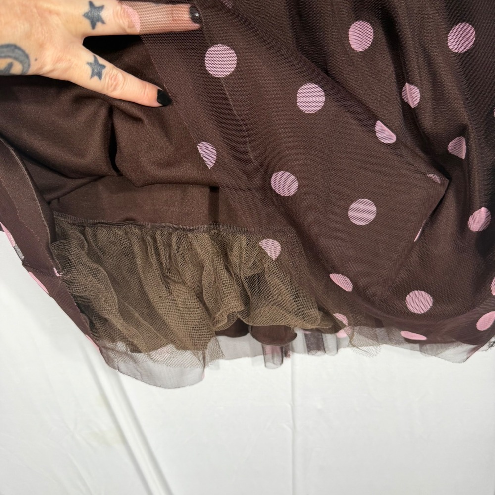 Vtg 90s Y2K A. Byer Midi Dress Sm Brown Pink Polka Dot Mesh Overlay Fit & Flare - Picture 6 of 6
